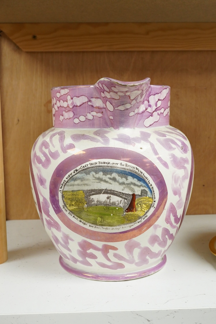 An early 19th century Sunderland pearlware and pink lustre jug, river weir bridge, 24cm high